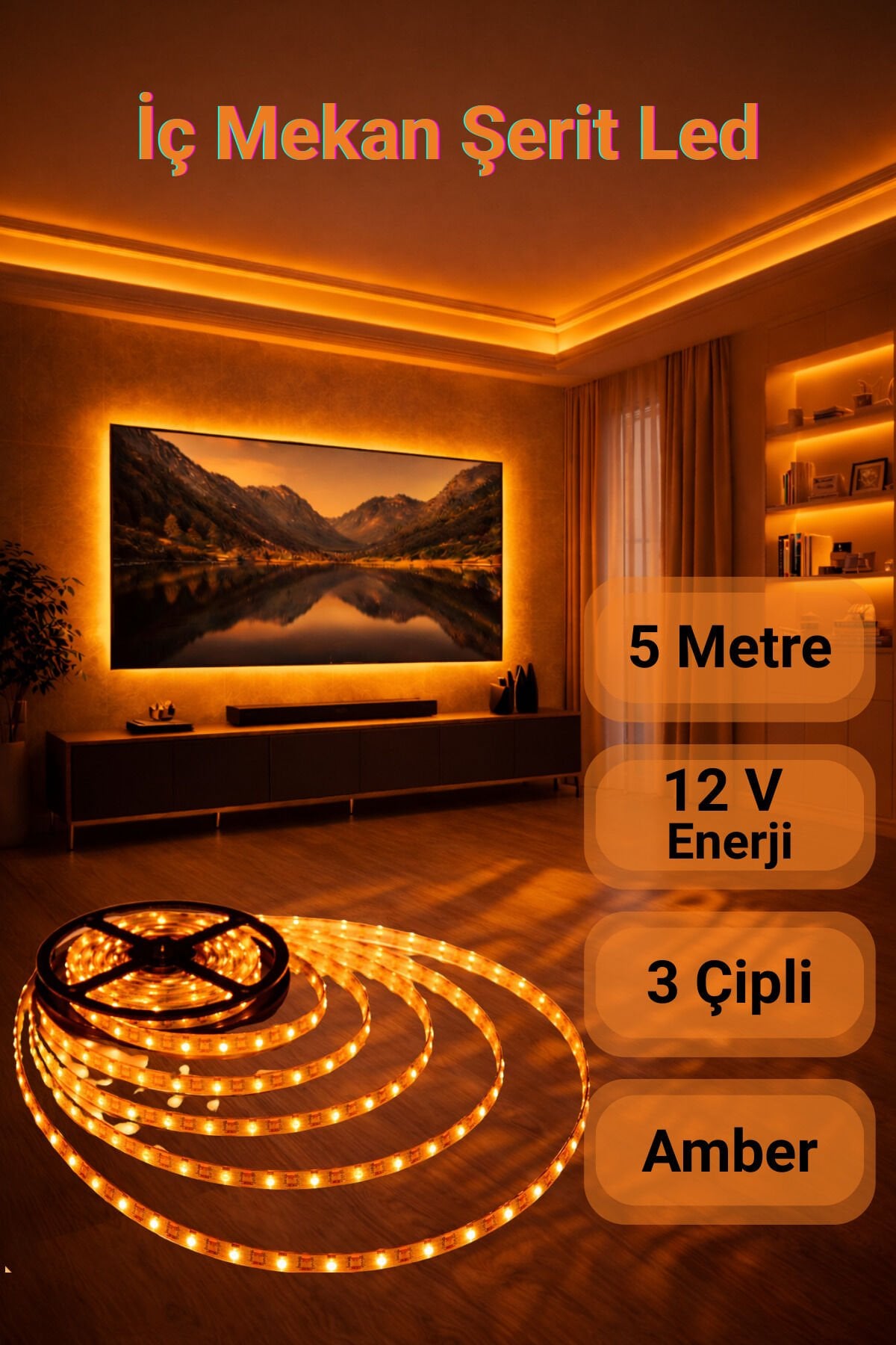 CT-4485 10 Çipli Şerit Led Amber Işık ◆ İç Mekan ◆ Yüksek Lümen ◆ Ekstra Kalın PCB ◆ 5 m ( TRAFOSUZ )