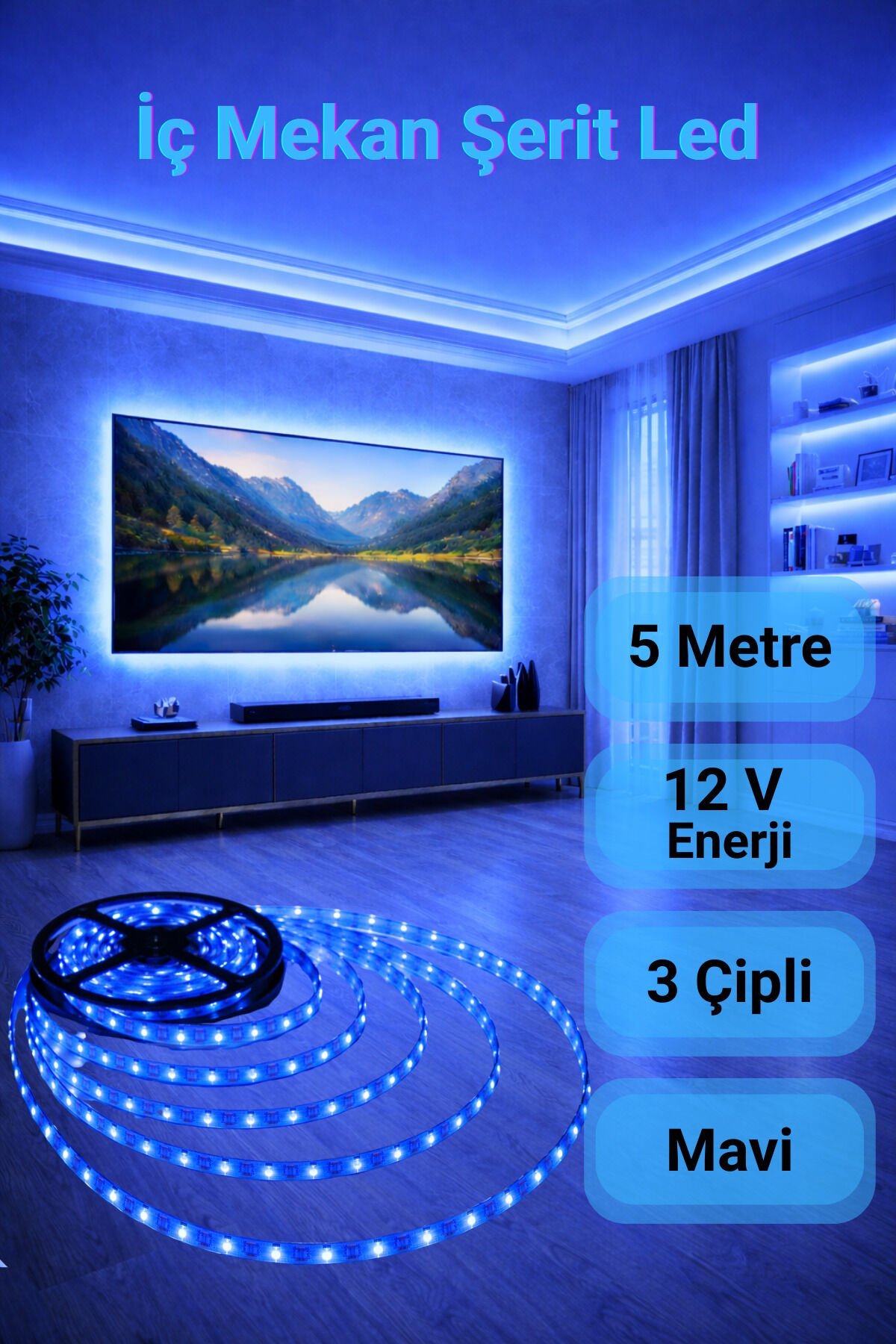 CT-4484 10Çipli Şerit Led Mavi Işık ◆ İç Mekan ◆ Yüksek Lümen ◆ Ekstra Kalın PCB ◆ 5 m ( TRAFOSUZ )