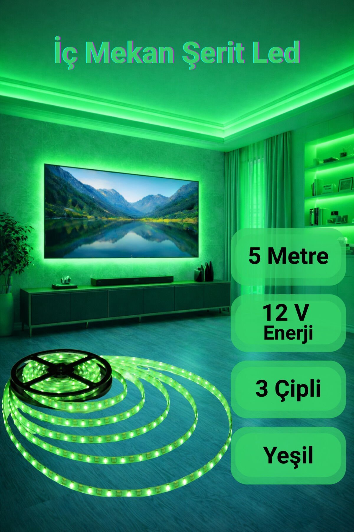 CT-4483 10 Çipli Şerit Led Yeşil Işık ◆ İç Mekan ◆ Yüksek Lümen ◆ Ekstra Kalın PCB ◆ 5 m ( TRAFOSUZ )