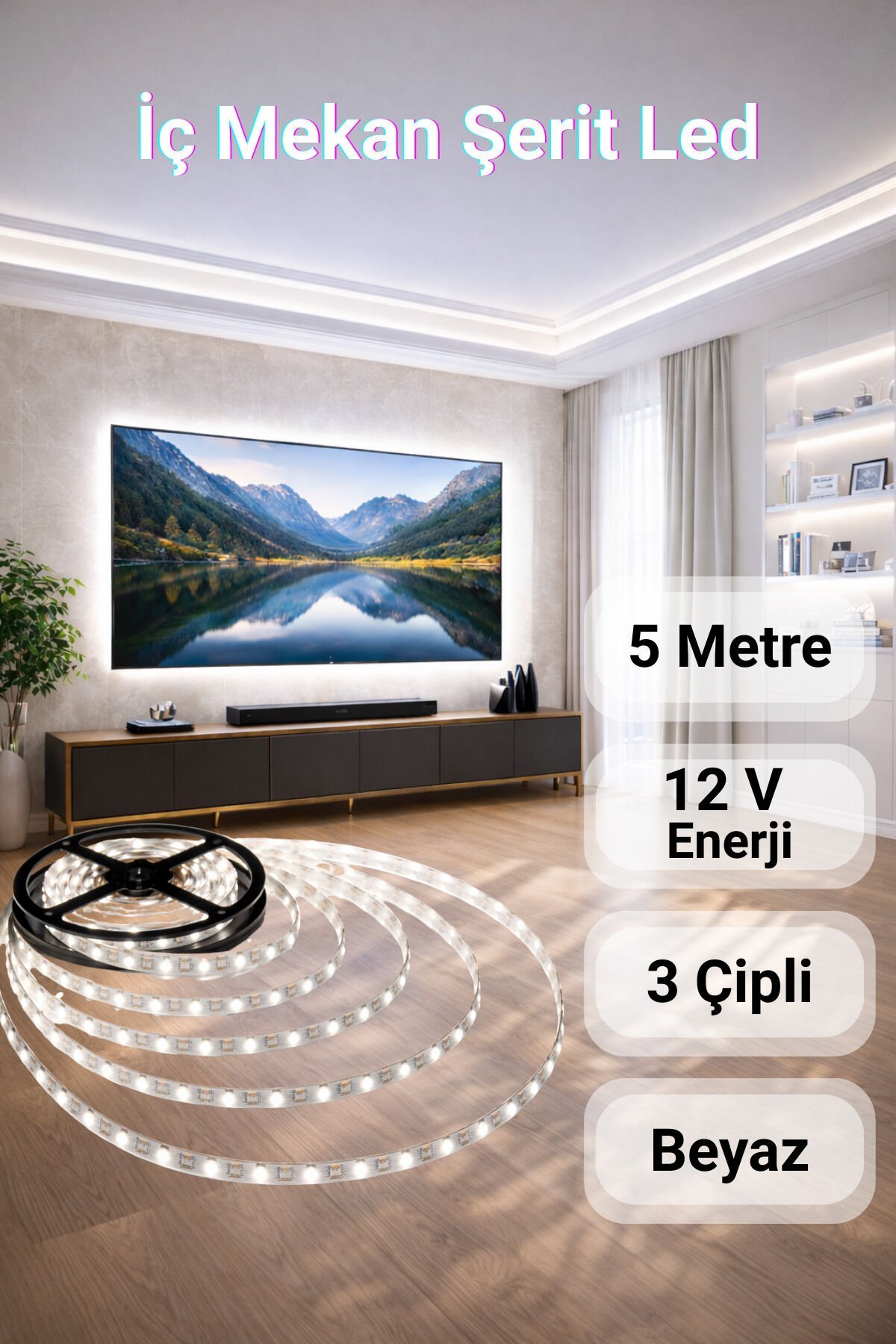 CT-4480 10 Çipli Şerit Led Beyaz Işık ◆ İç Mekan ◆ Yüksek Lümen ◆ Ekstra Kalın PCB ◆ 5 m ( TRAFOSUZ )