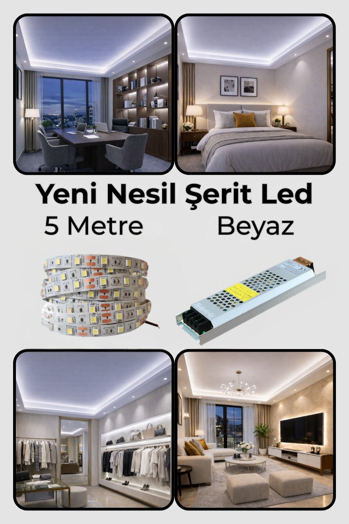 Yeni Nesil Şerit Led Seti ◆ 5 Metre Beyaz Led + 5 Amper 60 W Slim Trafo