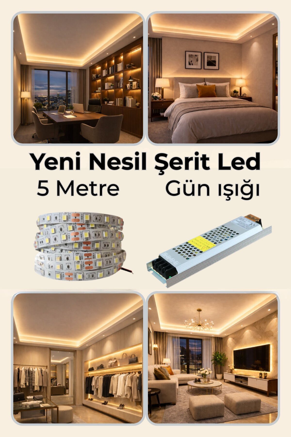 Yeni Nesil Şerit Led Seti ◆ 5 Metre Günışığı Led + 5 Amper 60 W Slim Trafo