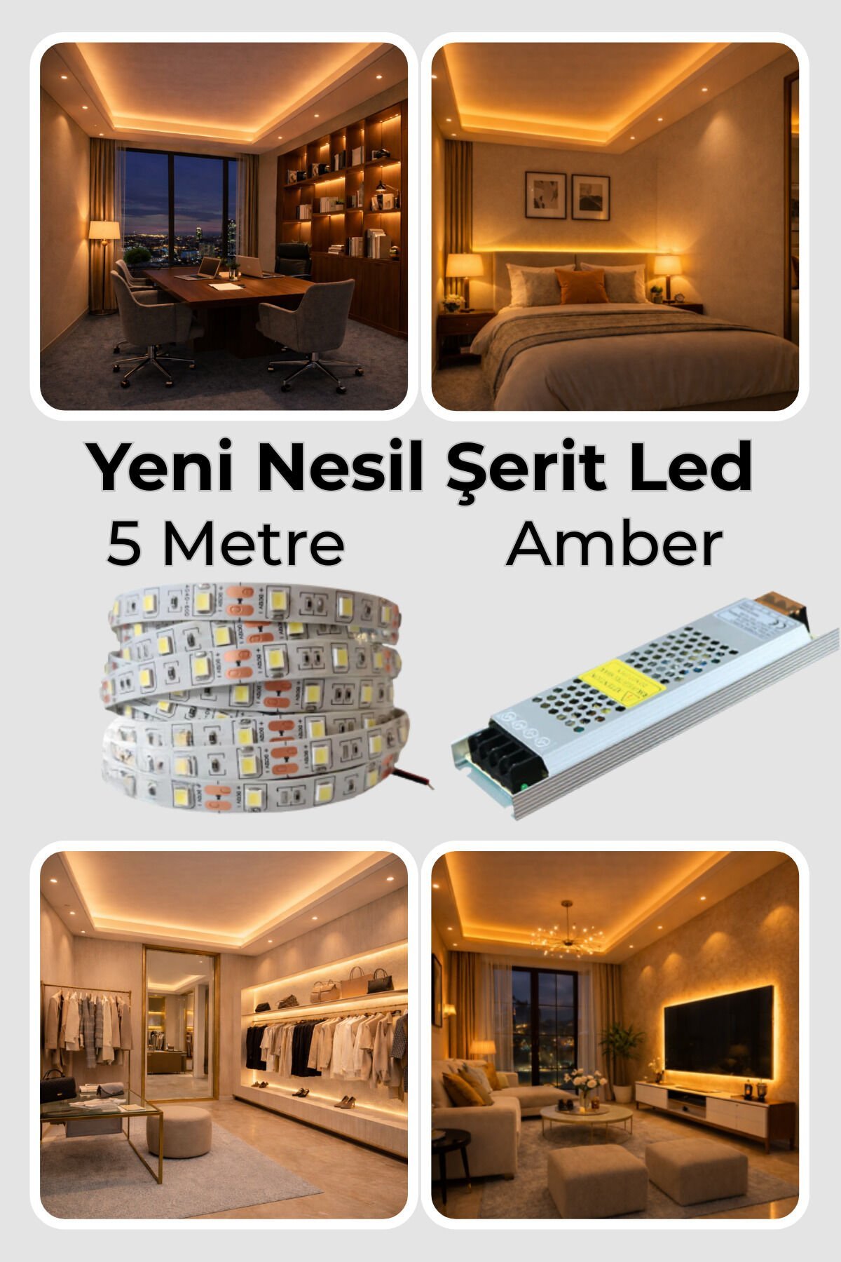 Yeni Nesil Şerit Led Seti ◆ 5 Metre Amber Led + 5 Amper 60 W Slim Trafo