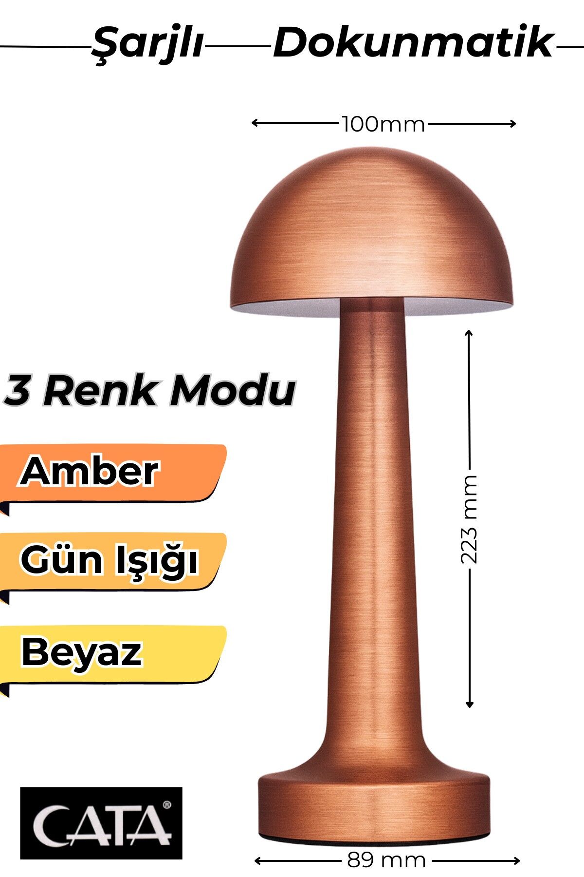 Lizbon Şarjlı Dokunmatik Masa Lambası | Beyaz Işık • Gün Işığı • Amber 3 Renk Modlu LED Lamba