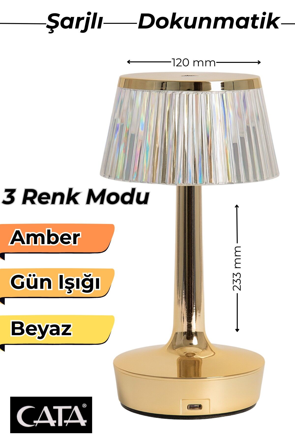 Rio Şarjlı Masa Lambası | Dokunmatik LED | Amber Gün Işığı Beyaz 3 Renk USB Şarjlı Lamba