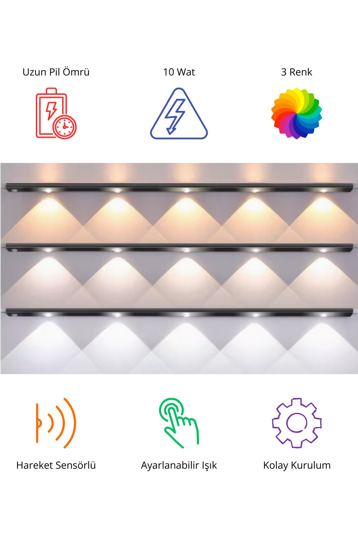 Sensörlü Şarjlı Mıknatıslı LED Işık 40 cm Siyah | Dimmerli 3 Işık Renkli Hareket Sensörlü Aydınlatma