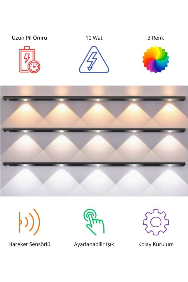 Sensörlü Şarjlı Mıknatıslı LED Işık 40 cm Siyah | Dimmerli 3 Işık Renkli Hareket Sensörlü Aydınlatma